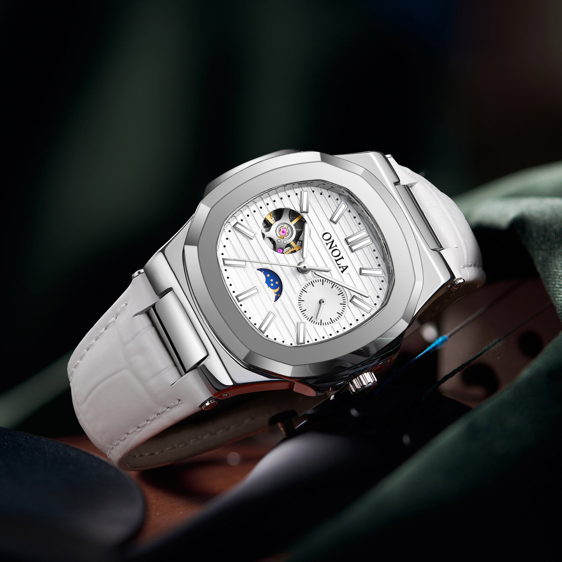 High-Quality Mechanical Watch Sun Moon And Stars Design Waterproof Leather Strap